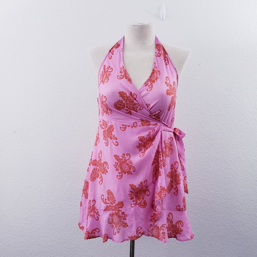 Anthropologie Halter Pink Floral Mini Wrap Dress Size XL NWT
